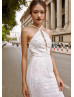 Halter Beaded Ivory Eyelash Lace Backless Wedding Dress